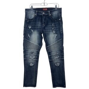 Bleecker & Mercer Men's Blue Distressed Moto Jeans‎ 34 Ribbed Slim Biker